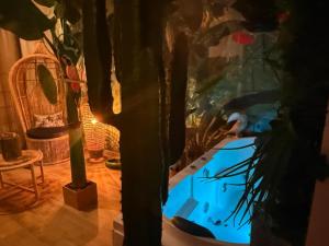 a room with a swimming pool and a plant at Lodge de la Jungle avec Spa in Nanteuil-lès-Meaux