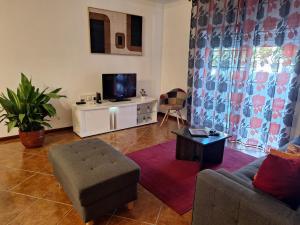 a living room with a couch and a tv at CASA DAS PEDREIRAS in Peso da Régua