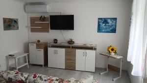 a living room with a desk with a tv on the wall at Nationalpark Bauernhaus in Apetlon