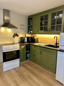 a kitchen with green cabinets and white appliances at Apartment close to Aalesund center in Ålesund