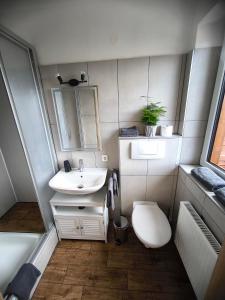 a small bathroom with a sink and a toilet at Ferienwohnung Claire in Bad Kohlgrub