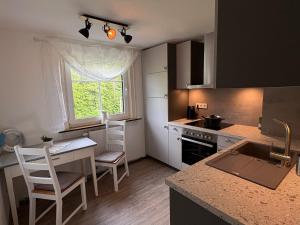 cocina con mesa, fregadero, mesa y sillas en Landhaus Sommerberg, en Schleusingen