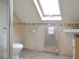 a bathroom with a toilet and a sink and a skylight at Pentre Cottage in Ferryside