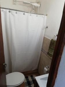 Un baño con inodoro y cortina de ducha. en Acuario 2, en Presidencia Roque Sáenz Peña