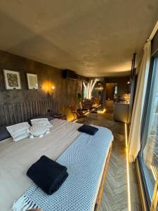 a bedroom with a large bed and a living room at Retrīts MIGLA with sauna included in Stacija )) (( Blukas