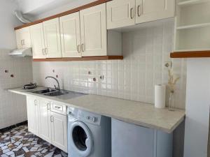 a kitchen with a sink and a washing machine at Philoxenia Apartments 2 in Samos