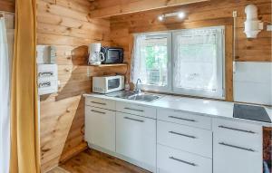 eine Küche mit weißen Schränken und einer Mikrowelle in der Unterkunft Agréable Chalet Proche Du Lac in La Teste-de-Buch