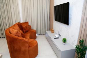 a living room with a chair and a television at Comforto e tranquilidade in Franca