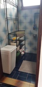 a bathroom with a blue tiled floor and a basket at Apartment Dukat Vršac in Vršac