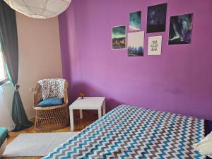 a bedroom with a purple wall with a bed and a chair at Apartment Dukat Vršac in Vršac