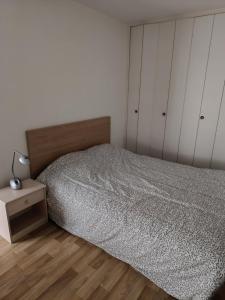 a bedroom with a bed and a nightstand and white cabinets at Beau T2 hyper centre face à la gare in Lille