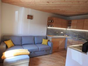 a living room with a blue couch in a kitchen at Arnika Hütte - un'immersione nelle montagne della foresta millenaria in Ugovizza +11 photos