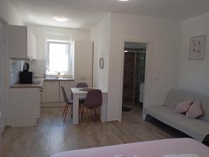 a kitchen and living room with a table and a couch at Studio apartman 3 in Petrcane