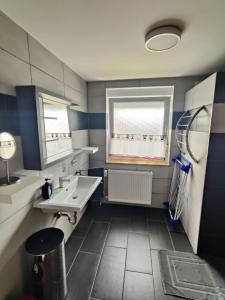 a blue and white bathroom with a sink and a window at Ferienhaus Bailey in Laupheim