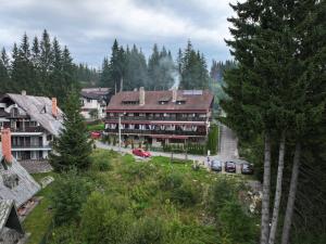 a large building with cars parked in front of it at Vila Sofia in Predeal