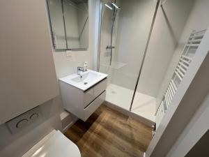een badkamer met wastafel en douche bij Le Grand Large Front de Mer in Le Touquet-Paris-Plage