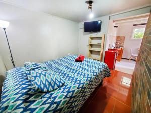 a bedroom with a bed with a teddy bear on it at Lilafken Apart Pichilemu in Pichilemu