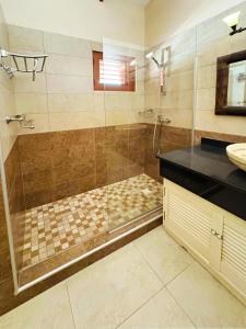 a bathroom with a shower and a sink at Villa Autentico Aruba in Santa Cruz