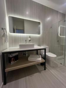 a bathroom with a sink and a toilet and a mirror at Almera Vallarta Hotel Suites in Nuevo Vallarta +22 photos