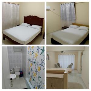 three pictures of a bedroom with two beds and a sink at Hotel Ningo in Santa Bárbara de Samaná