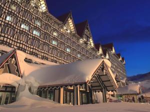 小谷村にある奥白馬温泉　ホテルグリーンプラザ白馬の夜雪の大きな建物