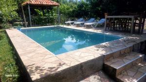a swimming pool with some chairs in a yard at Nona Guest House in Shilda