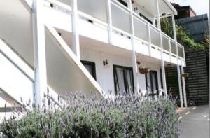 un edificio blanco con flores púrpuras delante de él en 88 Wallace Court Motel, en Wellington