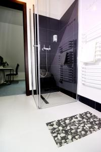 a bathroom with a glass shower with a toilet at Pure Apartments Kraków in Krakow