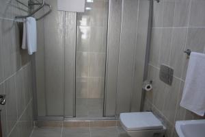 Un baño con ducha, inodoro y lavabo. en Gorur Suite, en Estambul