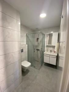 a bathroom with a shower and a toilet and a sink at Kaptan Villas in Cesme