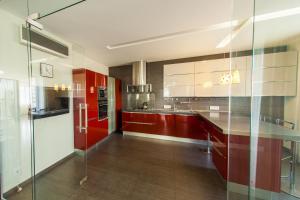 kuchnia z czerwonymi szafkami i szklaną ścianą w obiekcie Zhilyanskaya 30а apartments w Kijowie