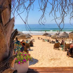 a beach with chairs and umbrellas and the ocean at Sea Breeze Golf & Beach Villa in Charneca