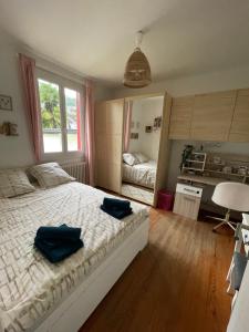 een slaapkamer met een bed met twee blauwe handdoeken erop bij Grande maison dans les Pyrénées in Argelès-Gazost