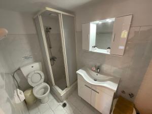 a bathroom with a shower and a toilet and a sink at Petros Studios Kythera in Kythira +61 photos