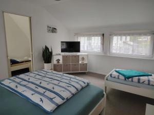 a bedroom with a bed and a flat screen tv at Ferienhaus An der Brunnenaue in Stralsund