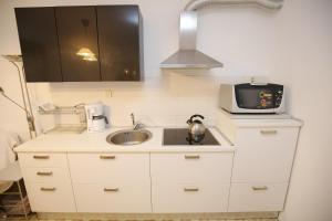 een kleine keuken met een wastafel en een magnetron bij Prokonzul 2BR apartment in old town in Zadar