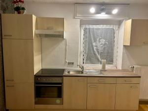 Wald & Ruhe Kordel في Kordel: مطبخ مع موقد ومغسلة ونافذة