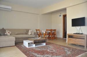 a living room with a couch and a tv at Suna Apart Hotel in Gokceada Town