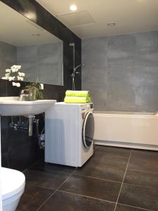 uma casa de banho com uma máquina de lavar roupa e um lavatório em City View Apartment, free parking em Pärnu