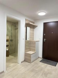 BunaにあるApartman Lumenのシャワーとガラスのドアが付いたバスルーム