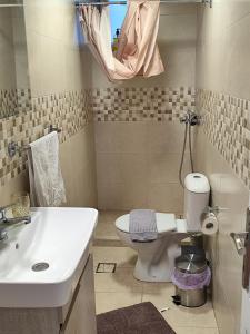 ein Badezimmer mit weißer Toilette und Waschbecken in der Unterkunft flora's memories appartment in Kavala + 28 Fotos