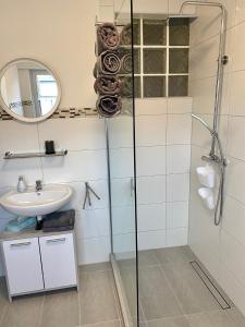 a bathroom with a shower and a sink at Ferienwohnung Gisela in Ascheberg