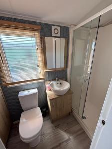 a bathroom with a toilet and a sink at Sunnymede B5 - Fantasy Island - HOT TUB, ramped decking, patio doors, central heating, pet friendly - Meadow Lakes Caravan & Lodge Hire in Ingoldmells