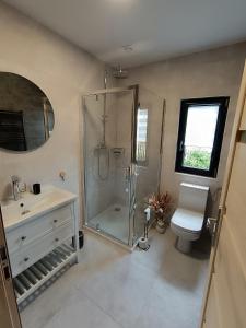Un baño con ducha, inodoro y lavabo. en Szumiące Drzewa, en Debina
