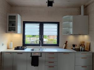 a kitchen with a sink and a window at Szumiące Drzewa in Debina +23 photos