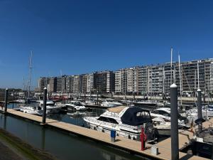 a group of boats docked in a marina with apartment buildings at Appartement Ann in Blankenberge