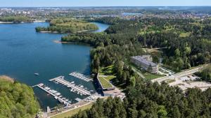 an aerial view of a marina on a lake at Apartament - Vidok 301 in Olsztyn