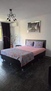 a bedroom with a large bed with a pink blanket at Apartament Milan in Mangalia