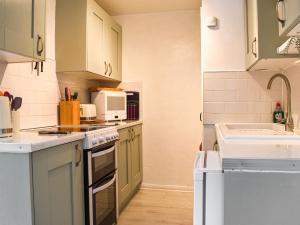a kitchen with green cabinets and white appliances at Tarow Cottage in East Looe