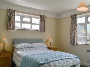 a bedroom with a bed and two windows at Valley View-E1866 in Powerstock